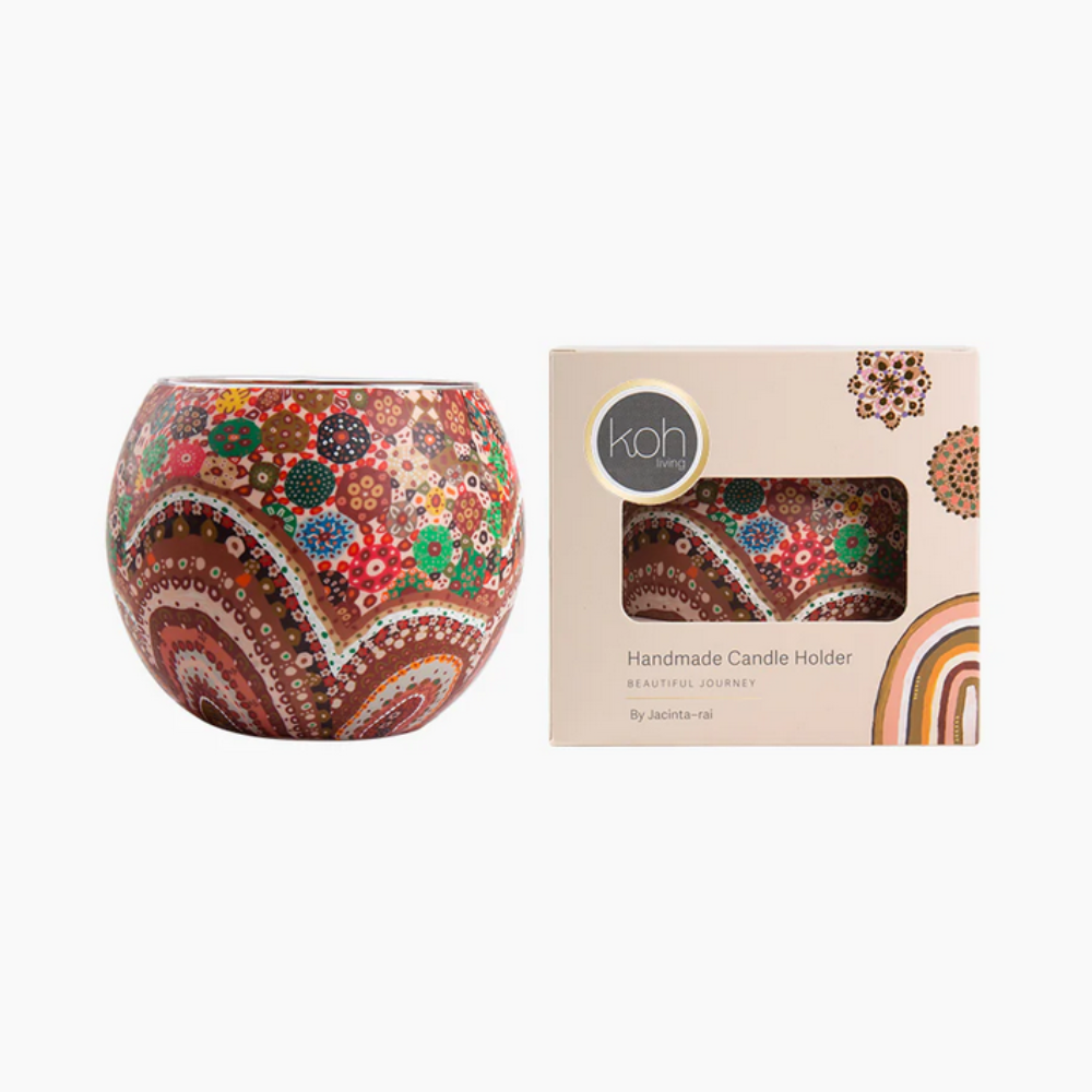 Koh Living Tealight Holder Aboriginal Together Again Packaged and Unpackaged | Merchants Homewares