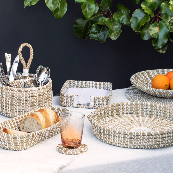 Ladelle Seagrass Woven White Napkin Holder Lifestyle | Merchants Homewares