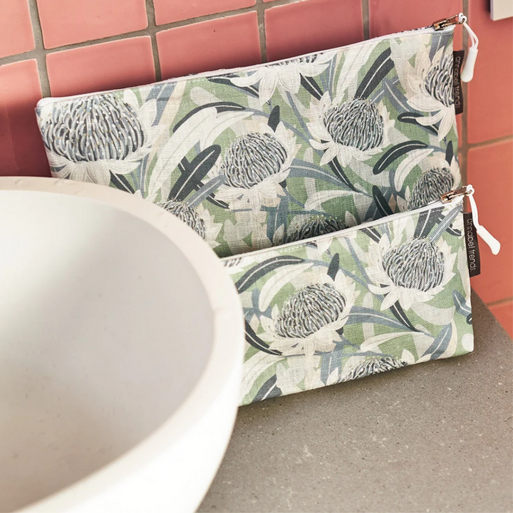 Linen Cosmetic Bag Large Waratah Blue Lifestyle | Merchants Homewares