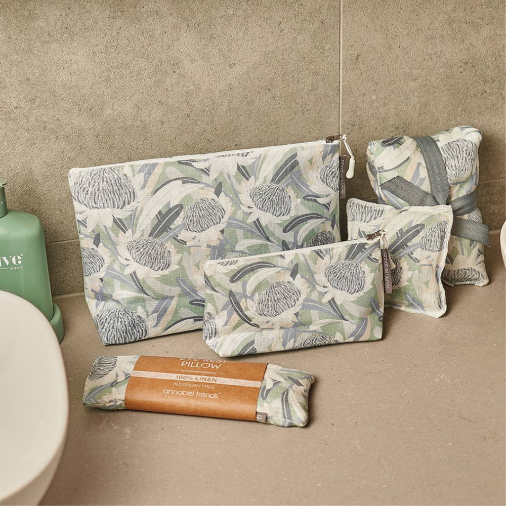 Linen Cosmetic Bag Large Waratah Blue Lifestyle | Merchants Homewares