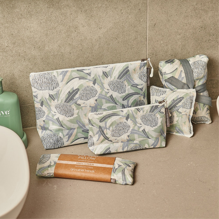 Linen Cosmetic Bag Large Waratah Blue Lifestyle | Merchants Homewares