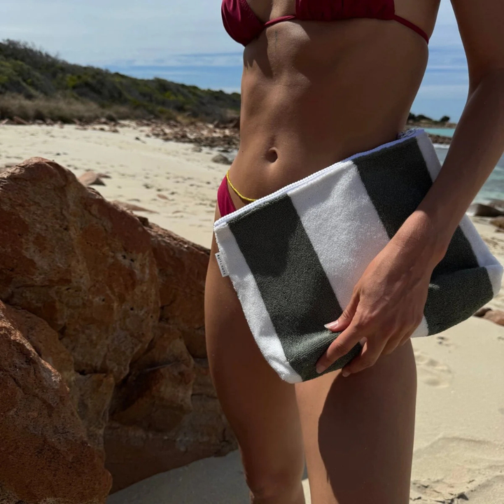 Sunnylife Terry Beach Pouch The Vacay Olive Stripe | Merchant Homewares