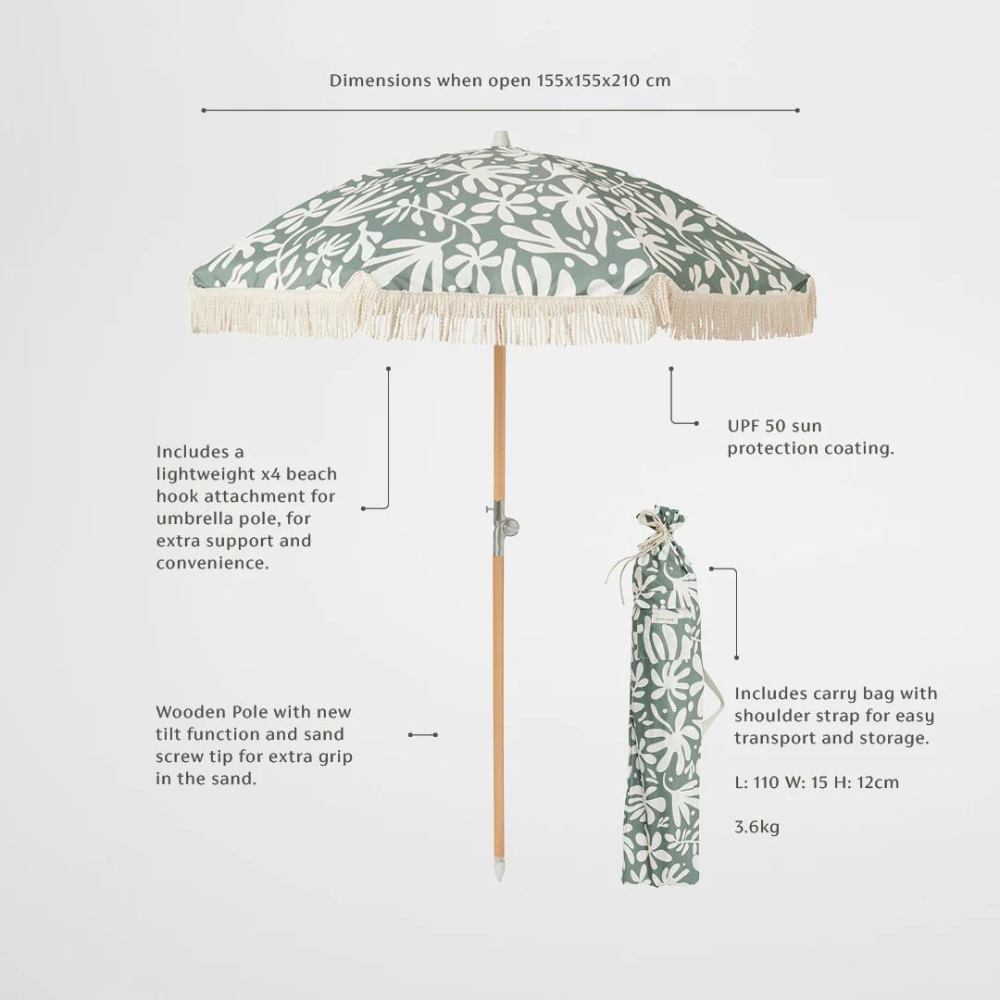 Sunnylife Luxe Beach Umbrella The Vacay Olive Features | Merchants Homewares