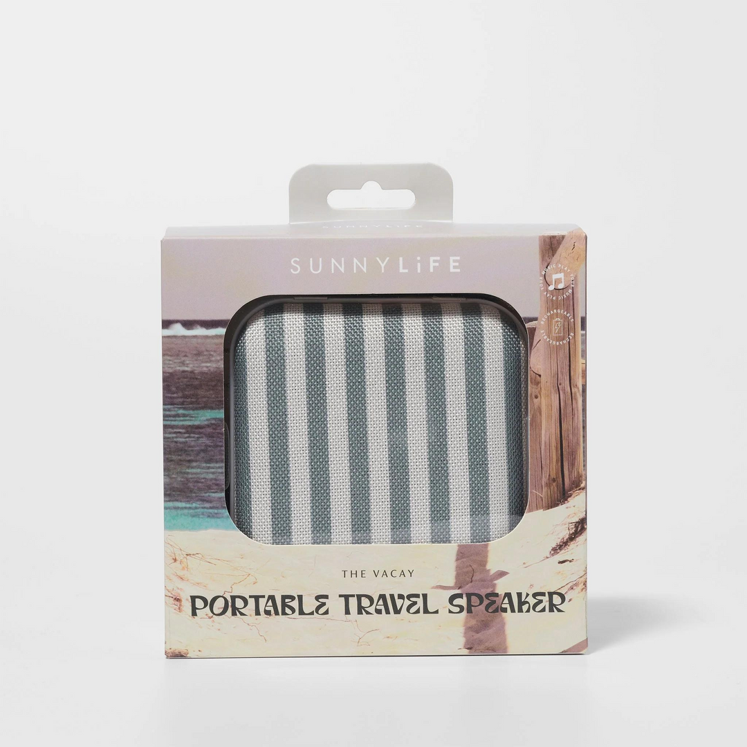 Sunnylife Portable Travel Speaker The Vacay Olive Stripe Packaged | Merchants Homewares