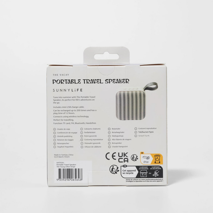 Sunnylife Portable Travel Speaker The Vacay Olive Stripe Packaged | Merchants Homewares