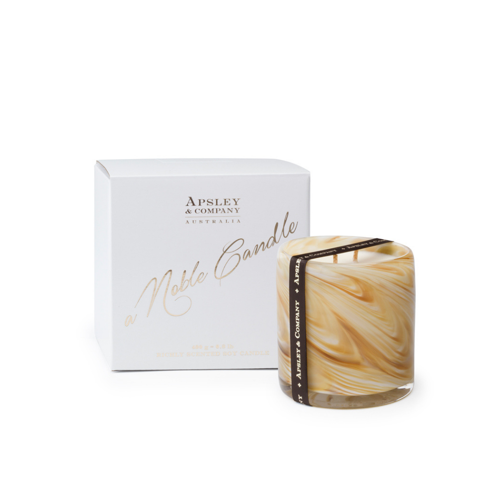 Apsley Kaliningrad Candle 400g Ambergris, Pink Peppercorn & Cedarwood open and packaged | Merchants Homewares
