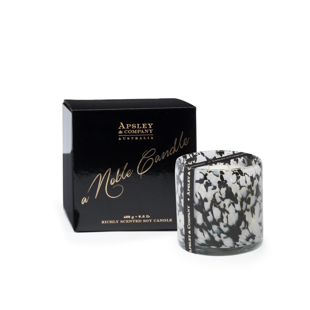 Apsley Santorini Candle 400g Marine, Black Pepper & Patchouli open and packaged | Merchants Homewares