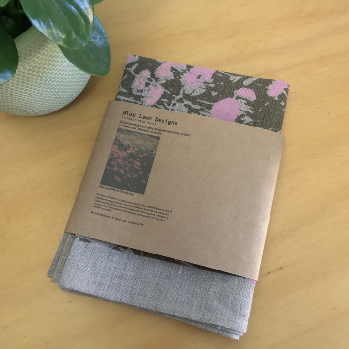 Blue Lawn Everlastings on Flax Tea Towel Packaged | Merchants Homewares