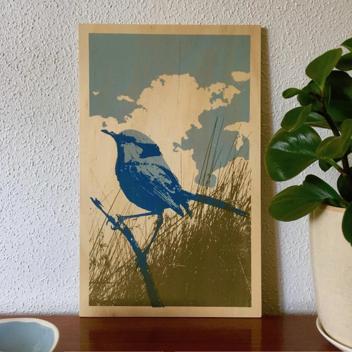 Blue Lawn | Splendid Blue Fairywren On Plywood