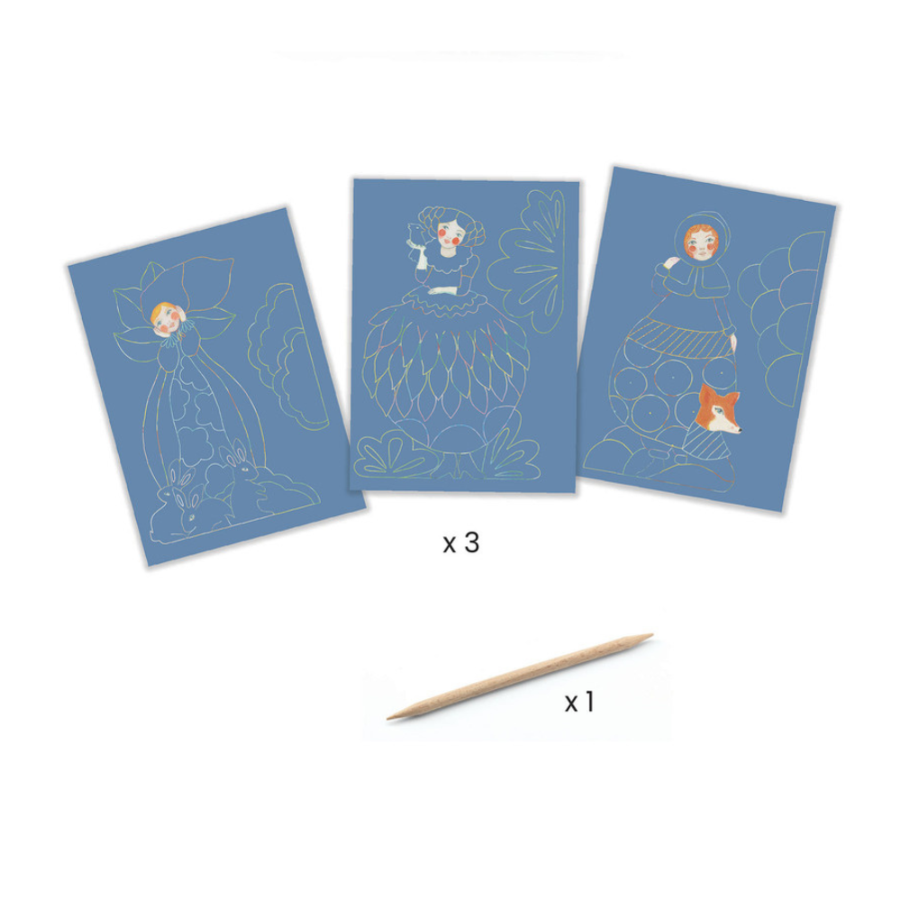 Djeco Pretty Dresses Sculpture Scratch Cards Contents | Merchants Homewares