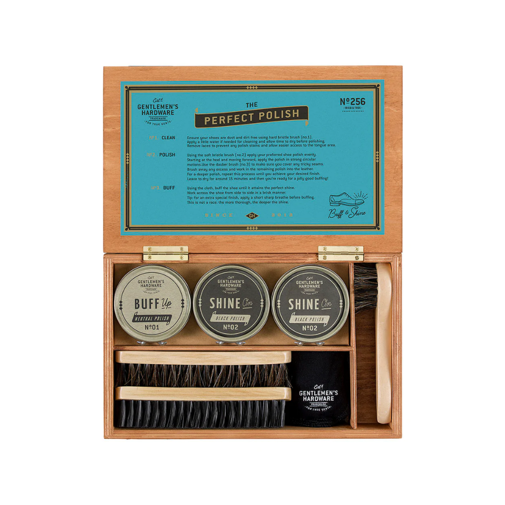 Gentlemen's Hardware Cigar Box Shoe Shine Kit Open | Merchants Homewares