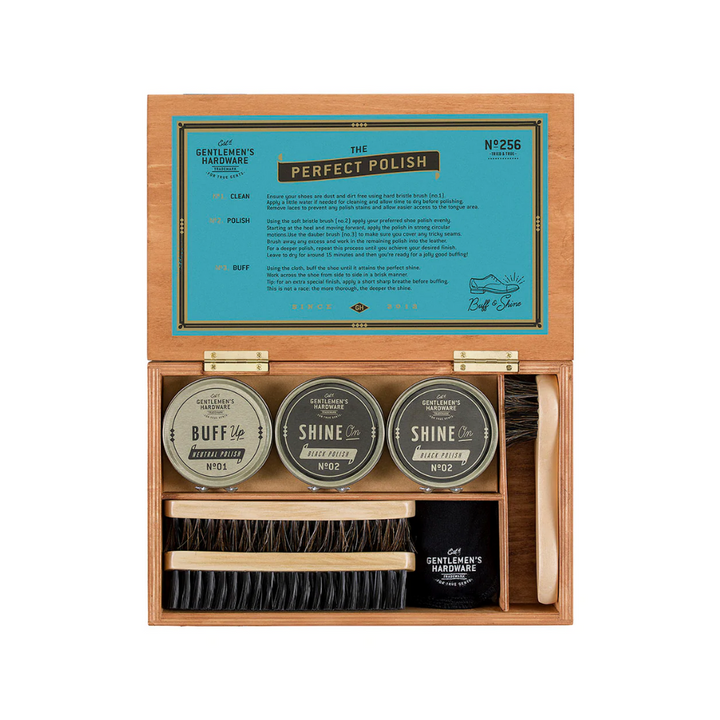 Gentlemen's Hardware Cigar Box Shoe Shine Kit Open | Merchants Homewares