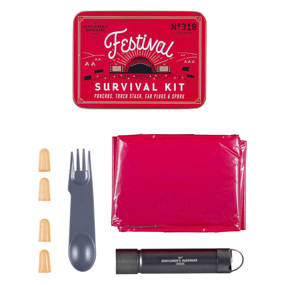 For a hassle-free festival experience, add a Gentlemen's Hardware Festival Survival Kit to your packing list.  This small but perfectly formed companion holds the essential bits and pieces for fuss-free camping on-site Contains 2 plastic ponchos, a stainless steel torch with bottle opener, 2 foam ear plugs and a plastic spork Packaged in a neat, vibrant tin merchants homewares