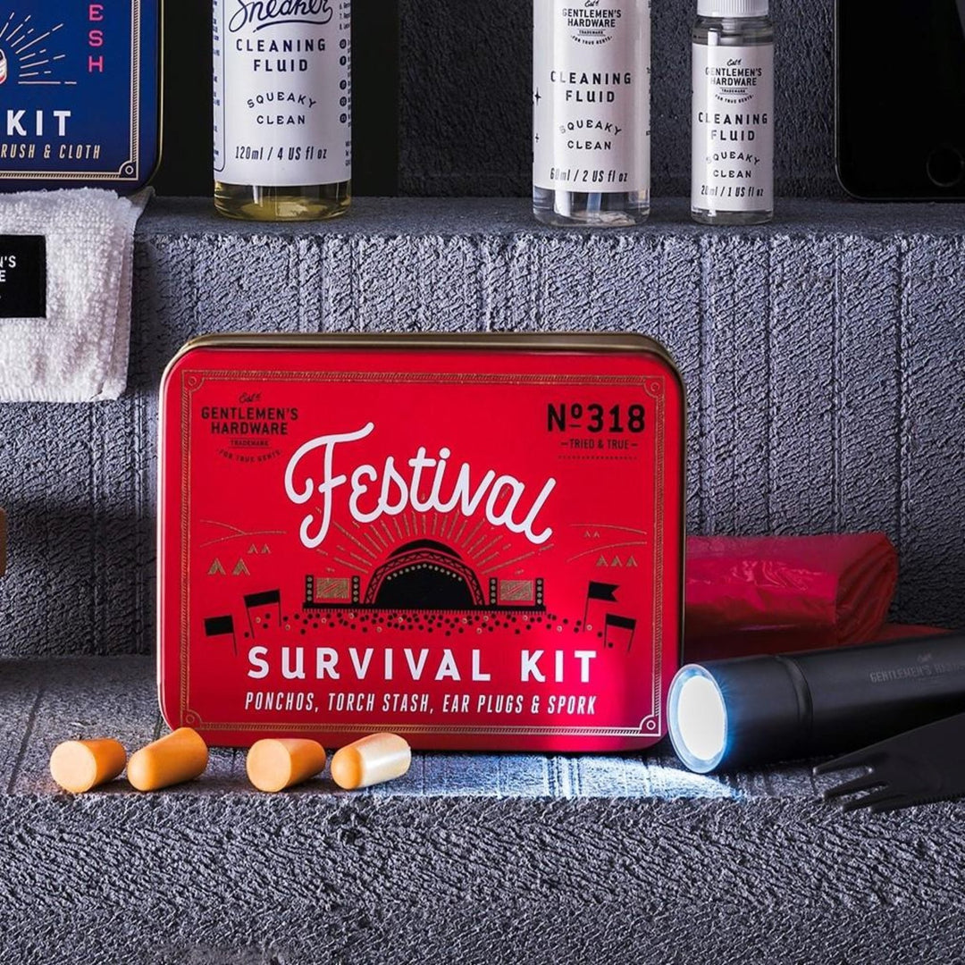 For a hassle-free festival experience, add a Gentlemen's Hardware Festival Survival Kit to your packing list.  This small but perfectly formed companion holds the essential bits and pieces for fuss-free camping on-site Contains 2 plastic ponchos, a stainless steel torch with bottle opener, 2 foam ear plugs and a plastic spork Packaged in a neat, vibrant tin merchants homewares