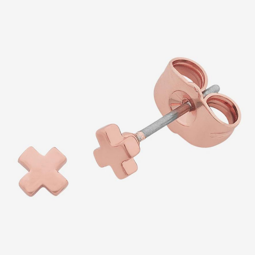 Liberté | Petite Cross Rose Gold Earrings | Merchant Homewares