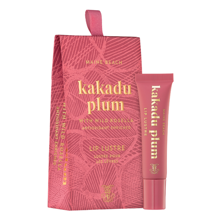 Maine Beach Kakadu Plum with Wild Rosella Lip Lustre 15ml open and packaged | Merchants Homewares