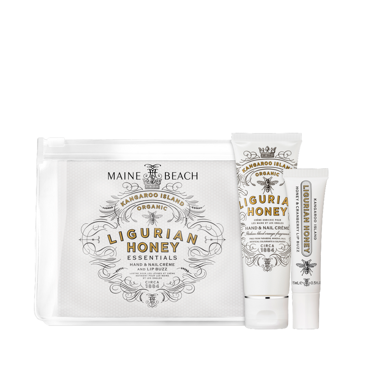 Maine Beach Organic Kangaroo Island Ligurian Honey Essentials Pack hand & nail cream and lip buzz open and packaged | Merchants Homewares