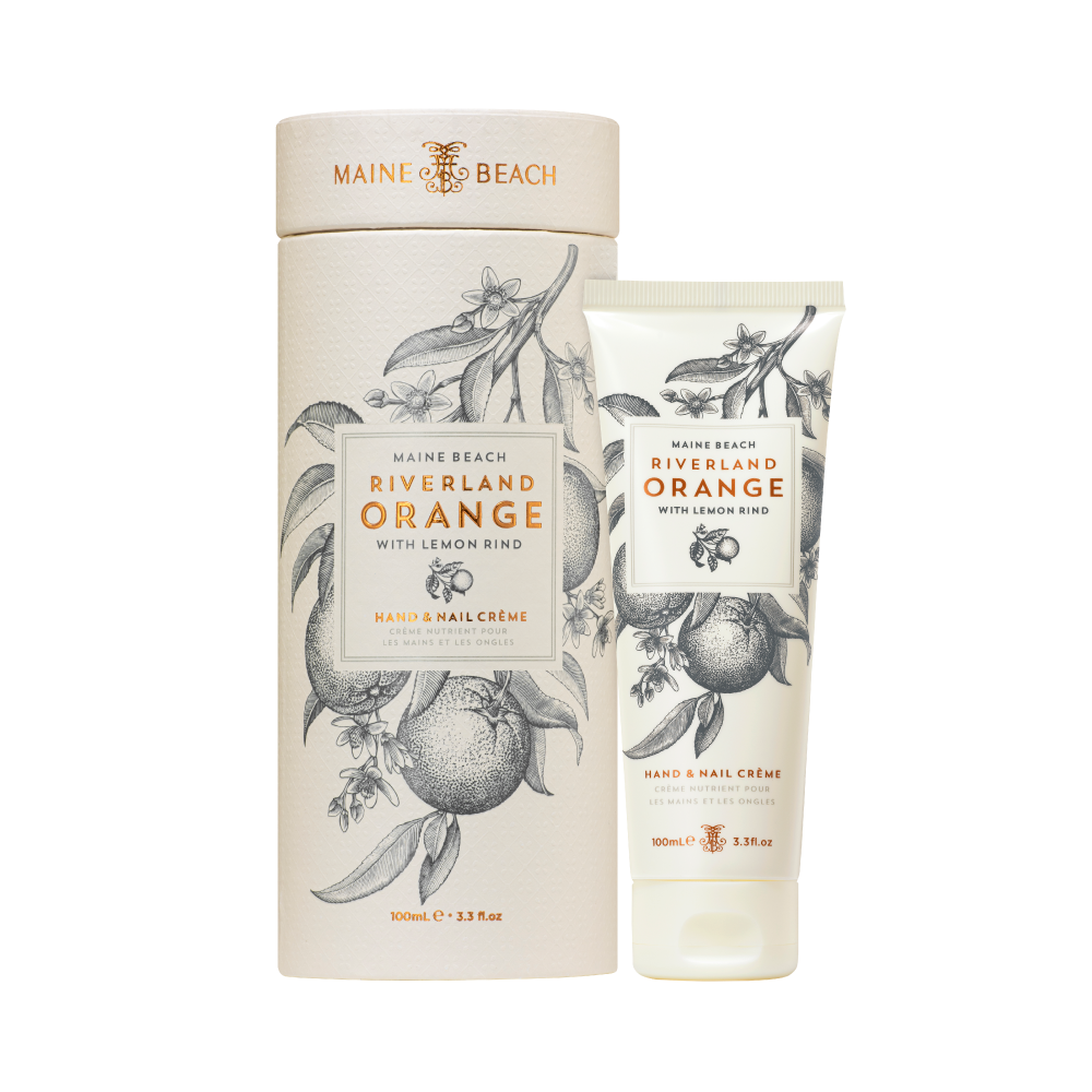 Maine Beach Riverland Orange with Lemon Rind Hand & Nail Cream 100ml open and packaged | Merchants Homewares