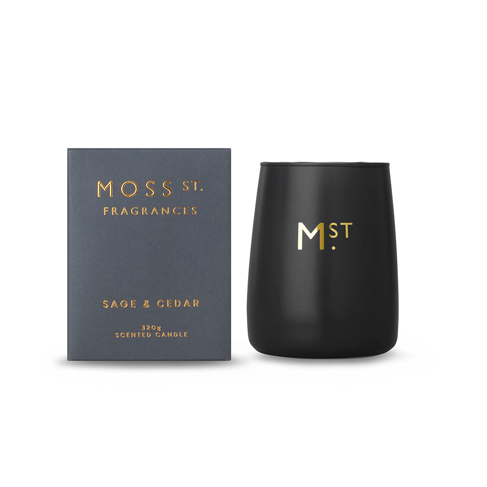 Moss St Candle Sage & Cedar 320g Black open and packaged | Merchants Homewares