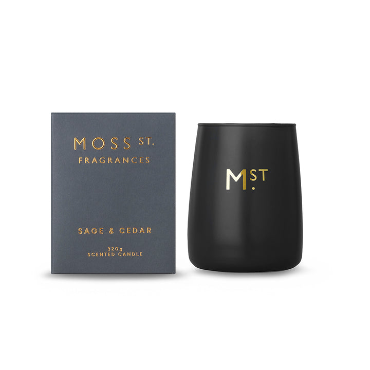 Moss St Candle Sage & Cedar 320g Black open and packaged | Merchants Homewares