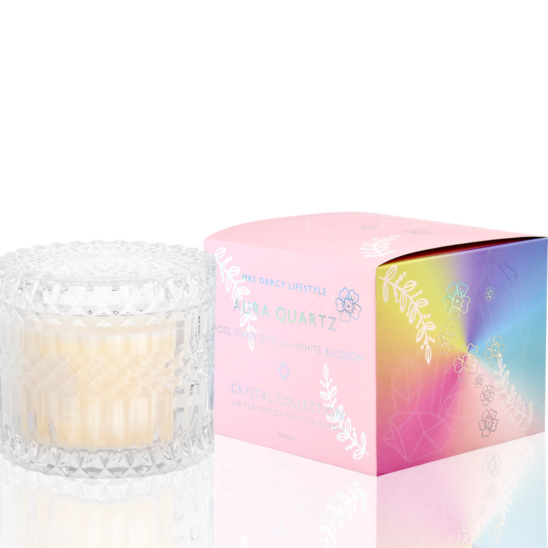 Mrs Darcy Large Candle Aura Quartz Rose Sweet Citrus White Blossom | Merchants Homewares