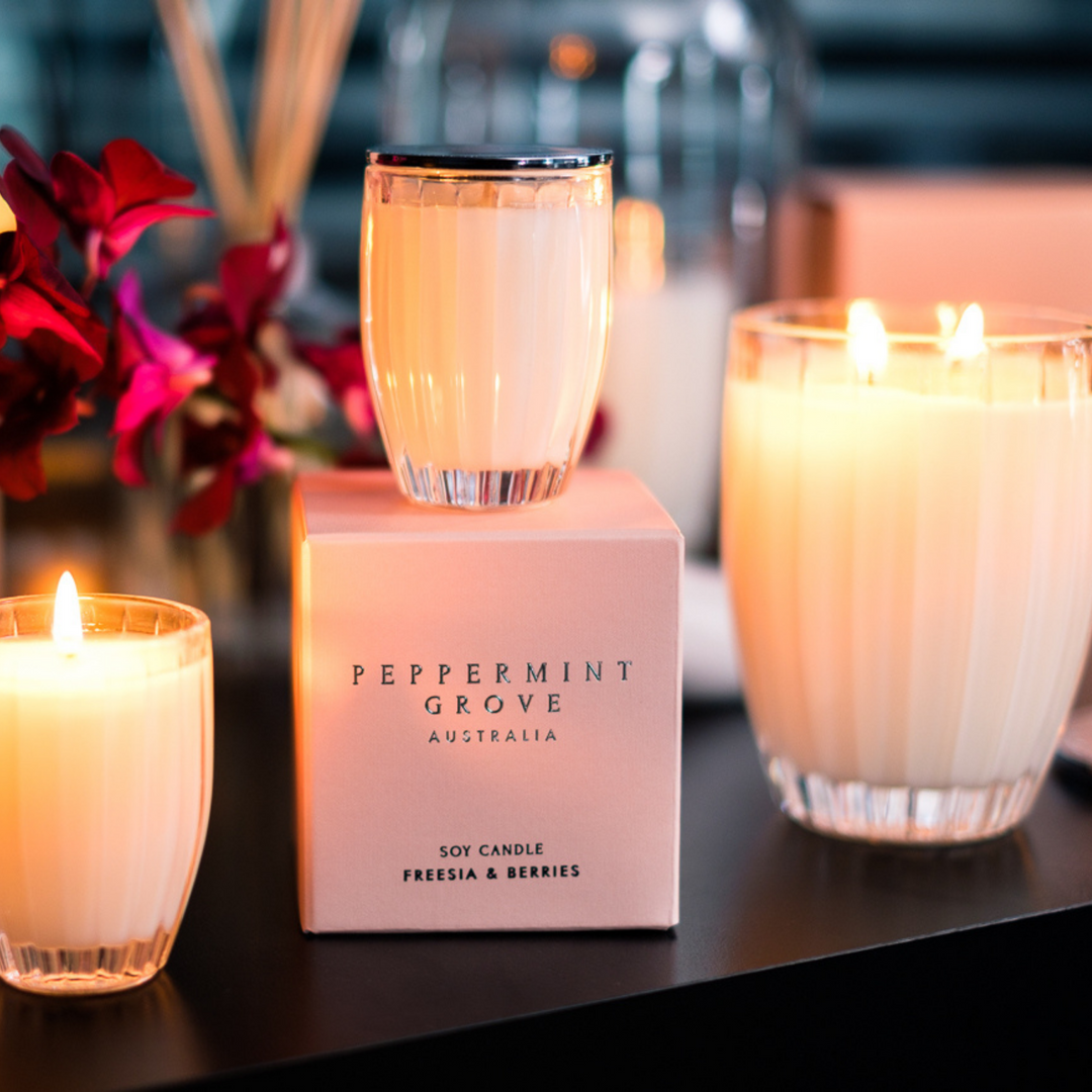 Peppermint Grove Soy Candle Burning Freesia And Berries Lifestyle  | Merchants Homewares
