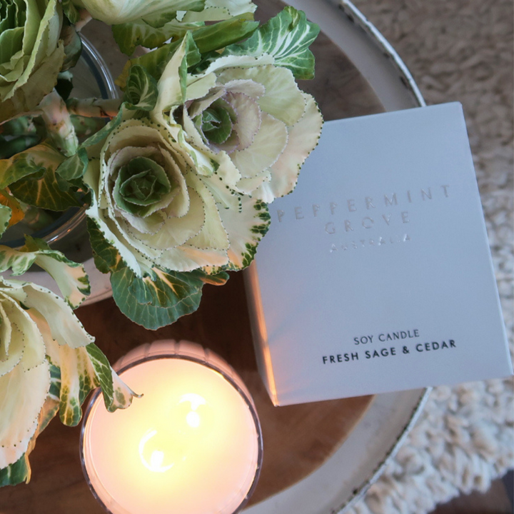 Peppermint Grove Soy Candle Fresh Sage & Cedar Burning | Merchants Homewares