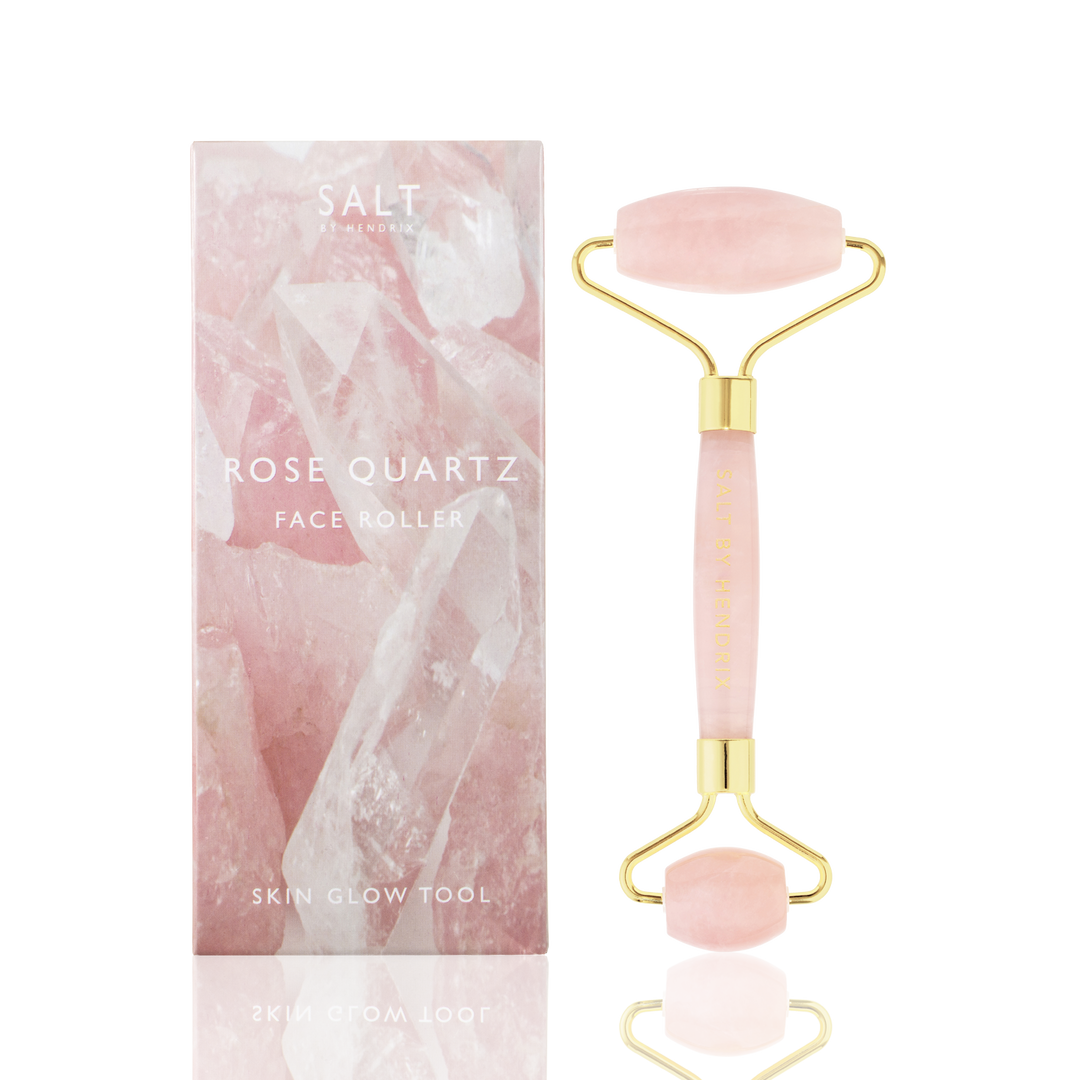 Salt By Hendrix Face Roller Rose Quartz open and packaged | Merchants Homewares