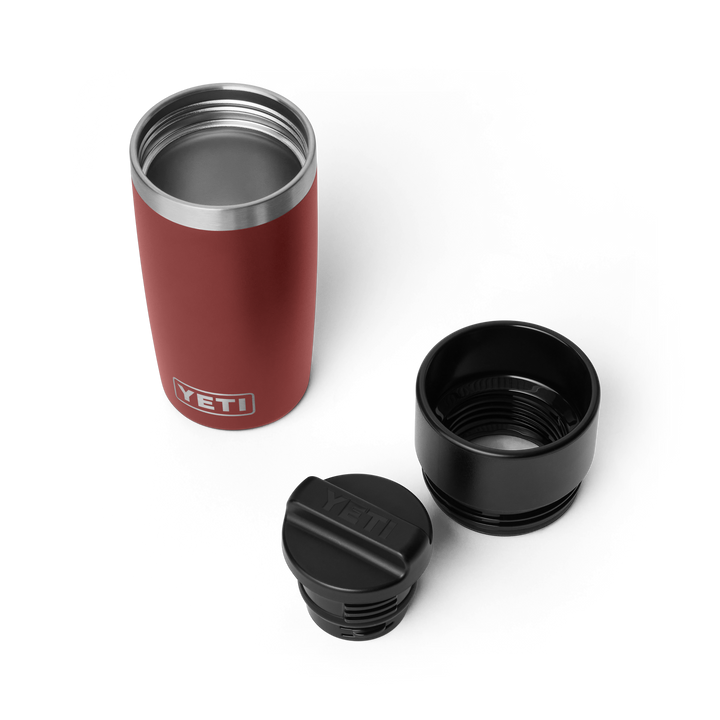 Yeti Rambler 12oz Travel Bottle in Stag Red, three-quarter view showing travel cap | Merchants Homewares