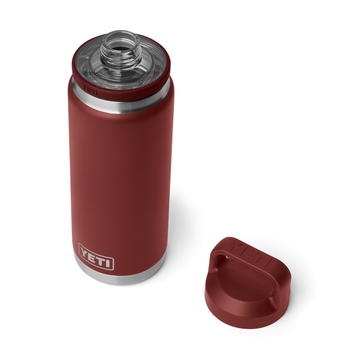 Yeti Rambler 26oz Chug Bottle in Stag Red, three-quarter view with Chug Cap removed | Merchants Homewares