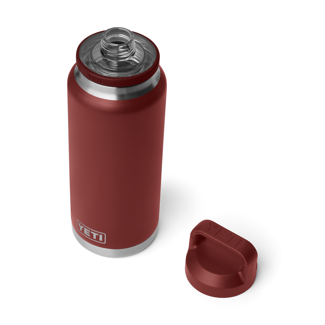 Yeti Rambler 36oz Chug Bottle in Stag Red, three-quarter view with Chug Cap removed | Merchants Homewares
