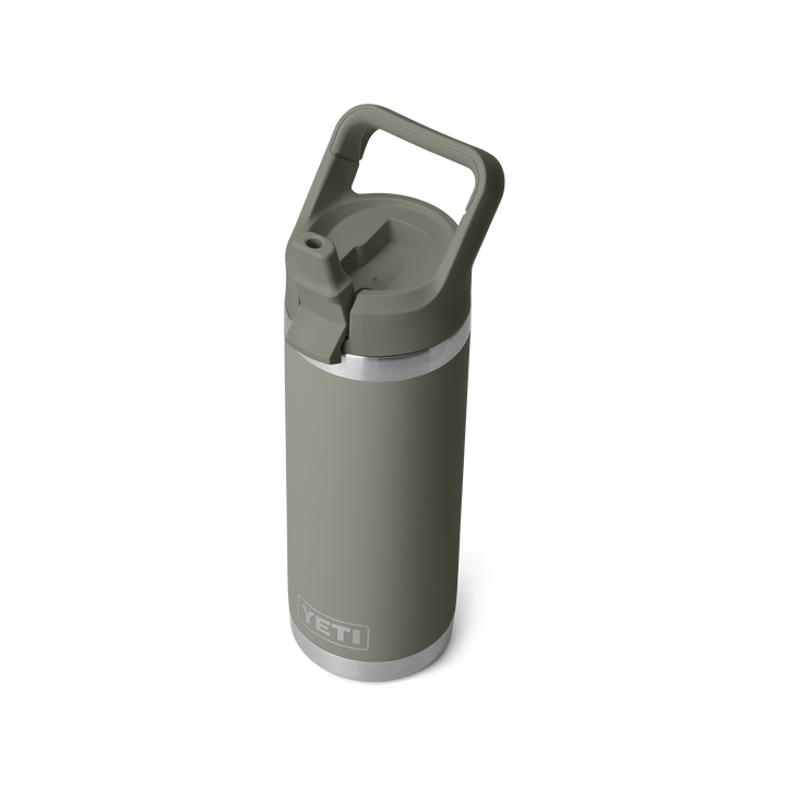 Yeti Rambler 18oz Straw Bottle in Pampa Green, three-quarter view with straw cap open | Merchants Homewares