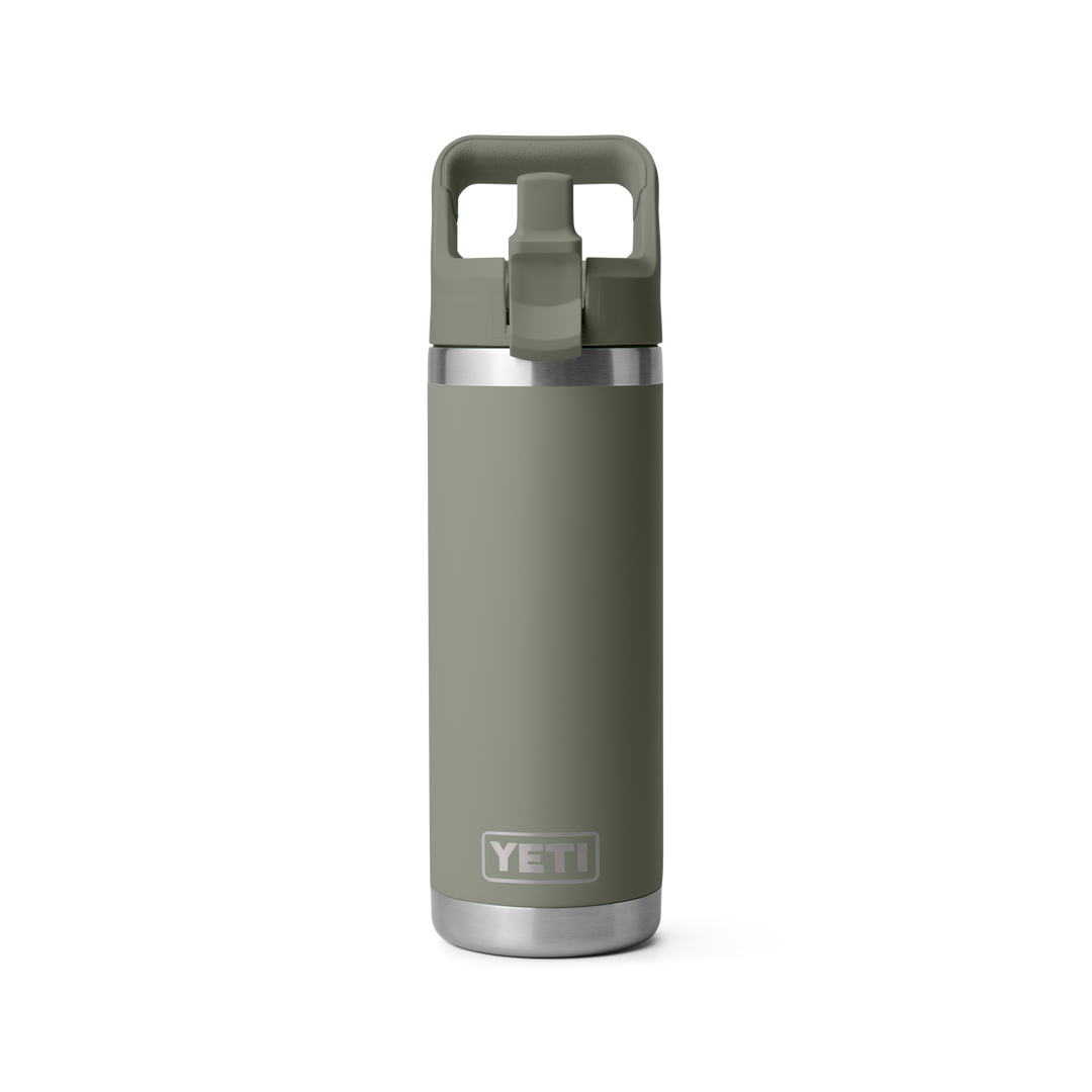 Yeti Rambler 18oz Straw Bottle in Pampa Green, front view with handle raised | Merchants Homewares