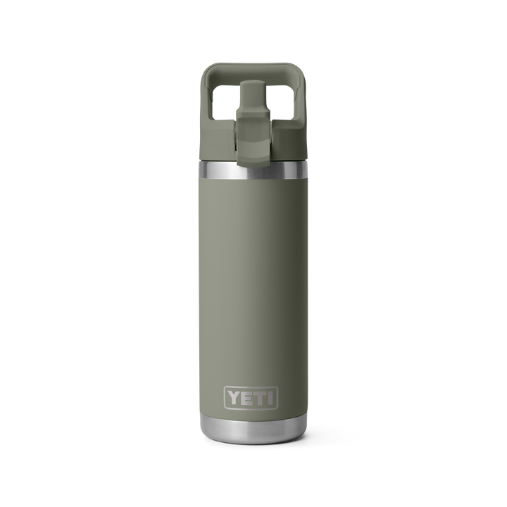 Yeti Rambler 18oz Straw Bottle in Pampa Green, front view with handle raised | Merchants Homewares
