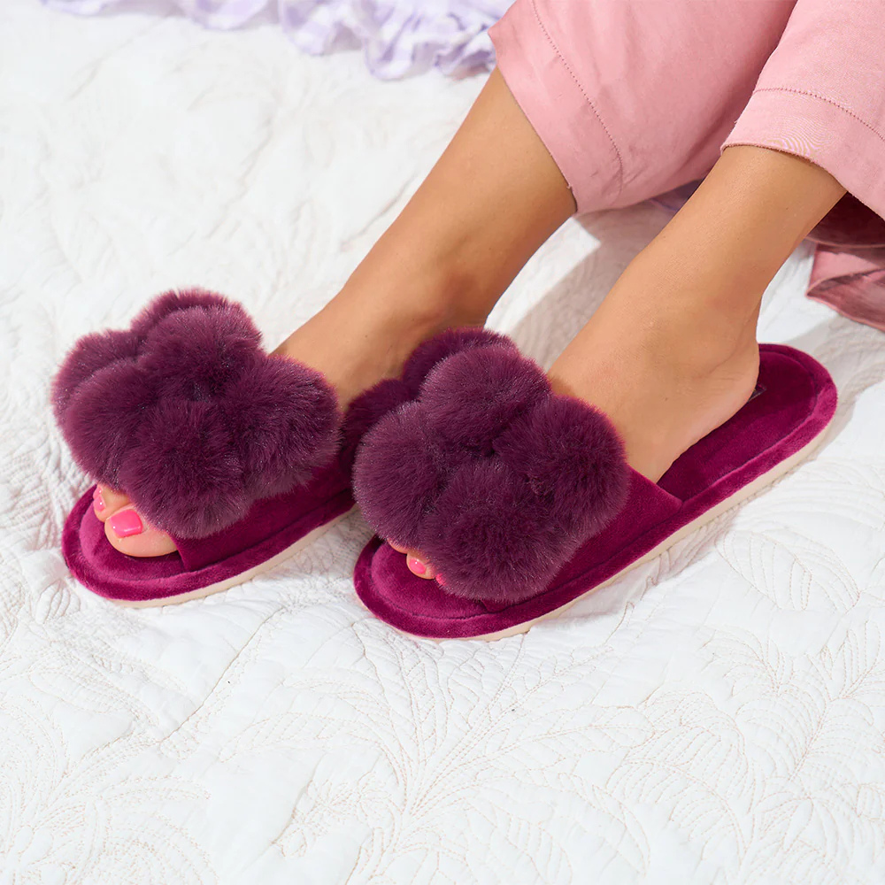 Annabel Trends Cosy Luxe Mulberry Pom Pom Slippers Lifestyle | Merchants Homewares