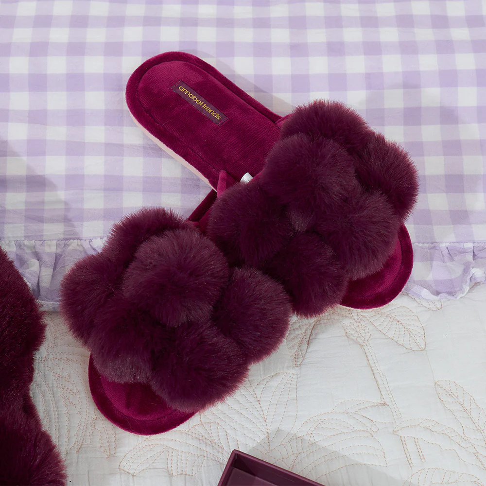 Annabel Trends Cosy Luxe Mulberry Pom Pom Slippers Lifestyle | Merchants Homewares