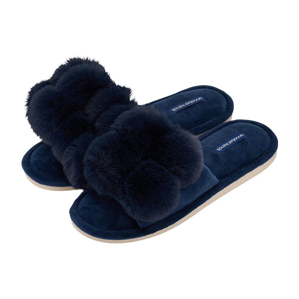 Annabel Trends Cosy Luxe Navy Pom Pom Slippers | Merchants Homewares