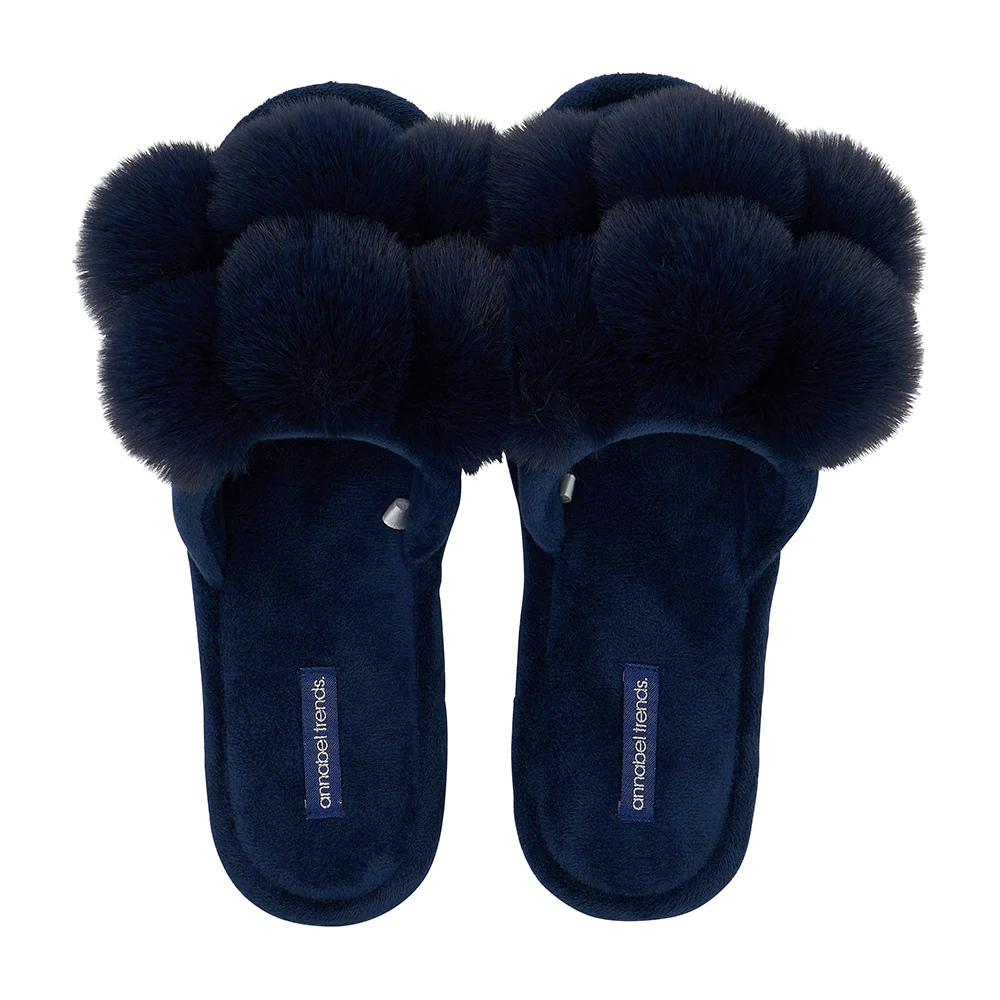 Annabel Trends Cosy Luxe Navy Pom Pom Slippers | Merchants Homewares