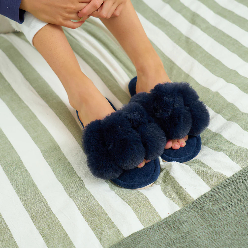 Annabel Trends Cosy Luxe Navy Pom Pom Slippers Lifestyle | Merchants Homewares