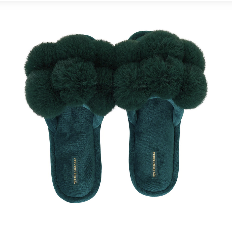 Annabel Trends Cosy Luxe Pom Pom Slippers Emerald Bird Eye View | Merchants Homewares