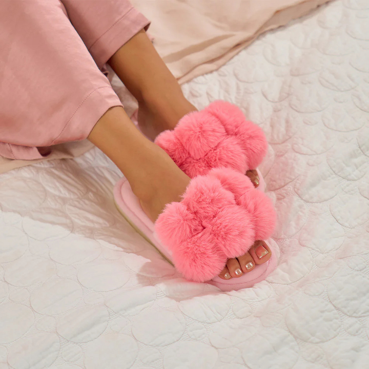 Annabel Trends Cosy Luxe Shell Pink Pom Pom Slippers Lifestyle | Merchants Homewares