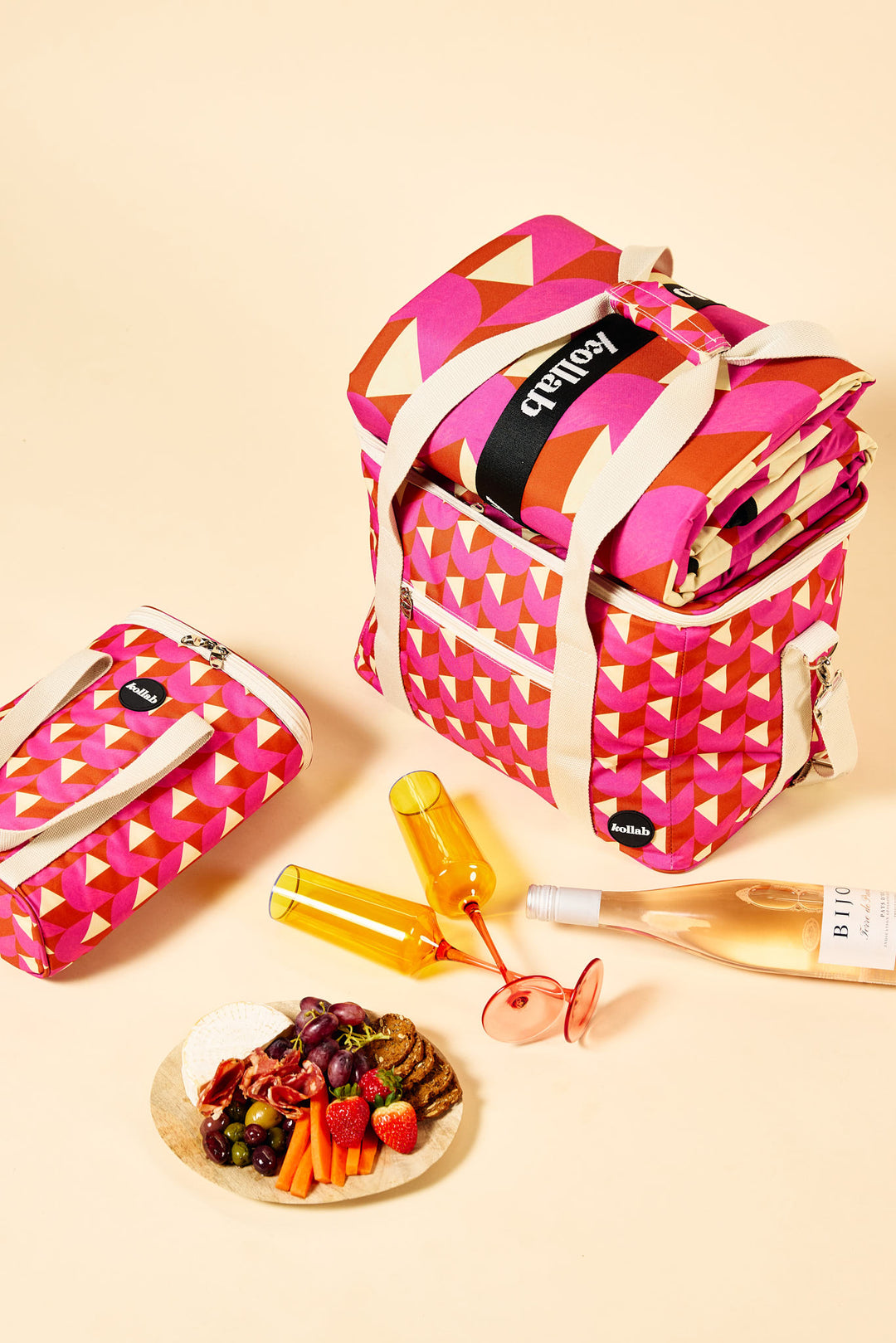 Kollab range in Danish Deco print, pink and orange geometric design | Merchants Homewares