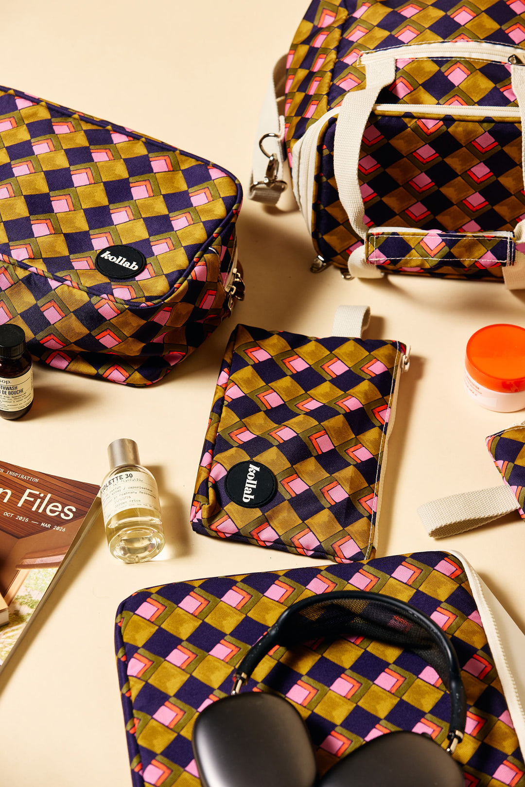 Kollab travel range in Diamond Days print, mustard and pink harlequin design | Merchants Homewares