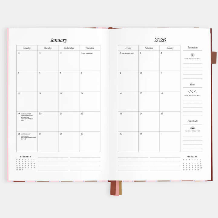 Fox & Fallow 2026 A5 Vertical Planner Burgundy Stripe Open | Merchants Homewares