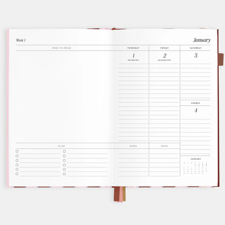 Fox & Fallow 2026 A5 Vertical Planner Burgundy Stripe Open | Merchants Homewares