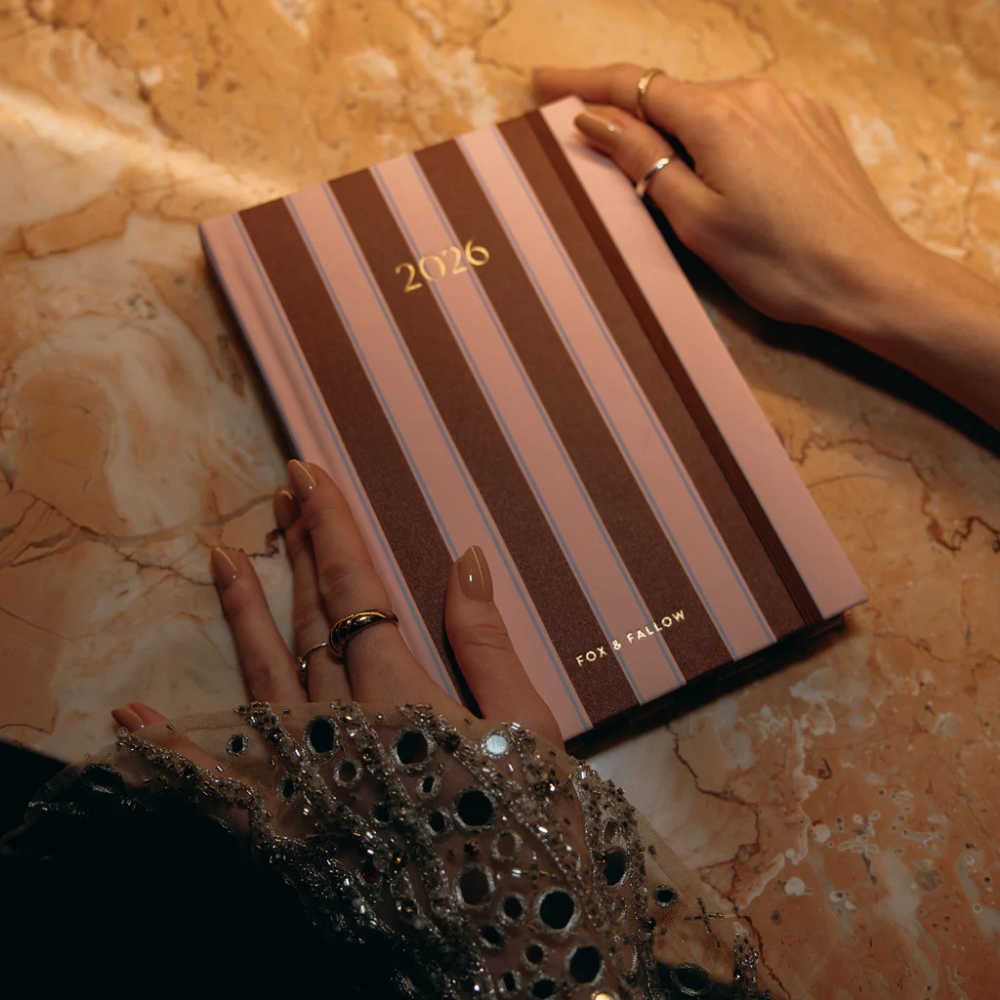 Fox & Fallow 2026 A5 Vertical Planner Burgundy Stripe Lifestyle | Merchants Homewares
