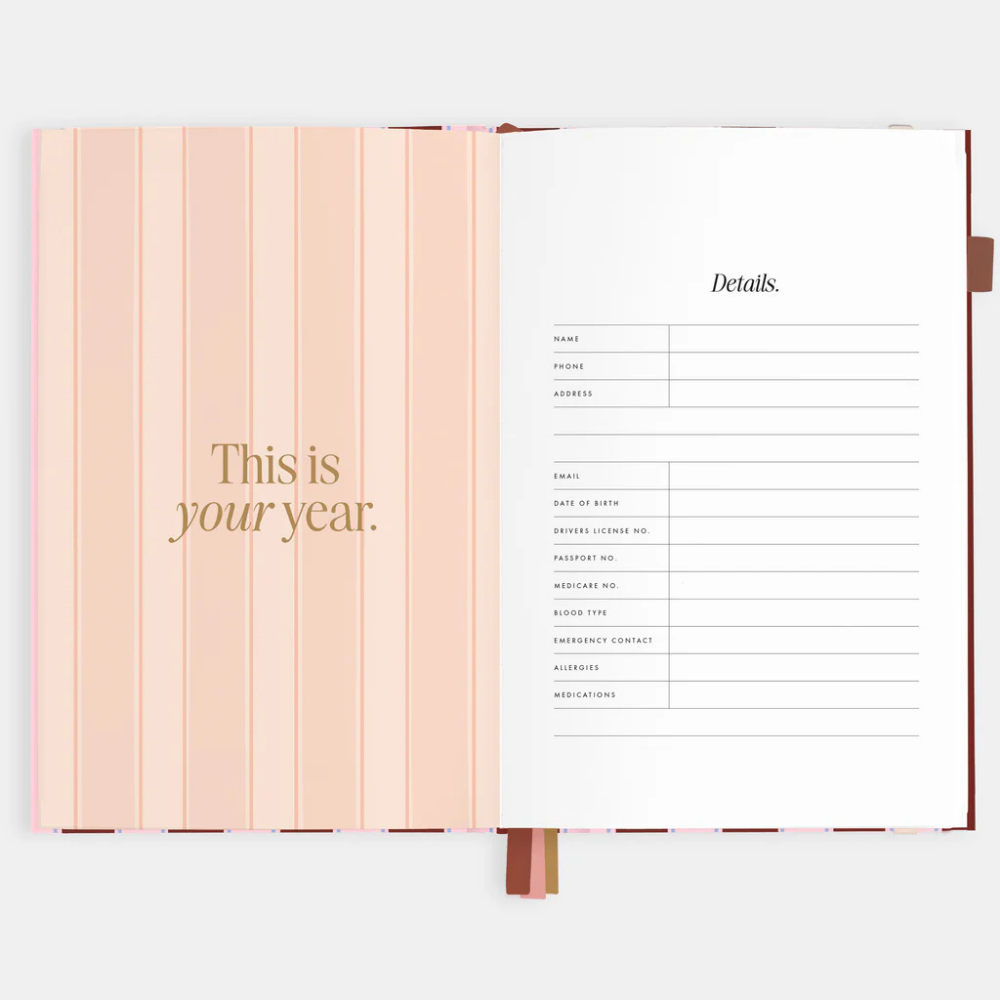 Fox & Fallow 2026 A5 Vertical Planner Burgundy Stripe Open | Merchants Homewares