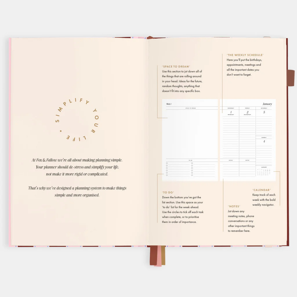 Fox & Fallow 2026 A5 Vertical Planner Burgundy Stripe Open | Merchants Homewares