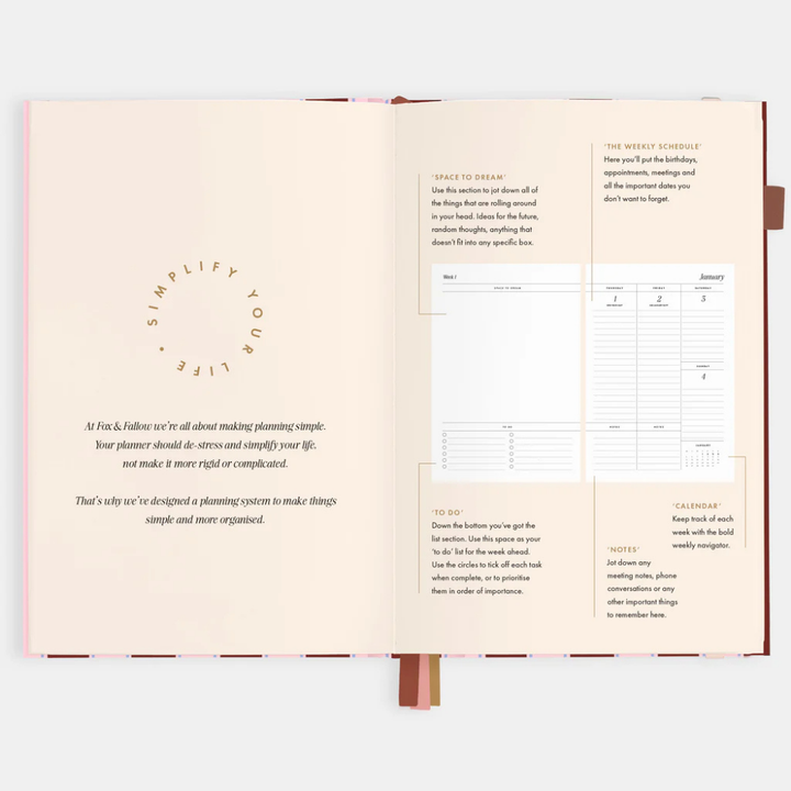 Fox & Fallow 2026 A5 Vertical Planner Burgundy Stripe Open | Merchants Homewares