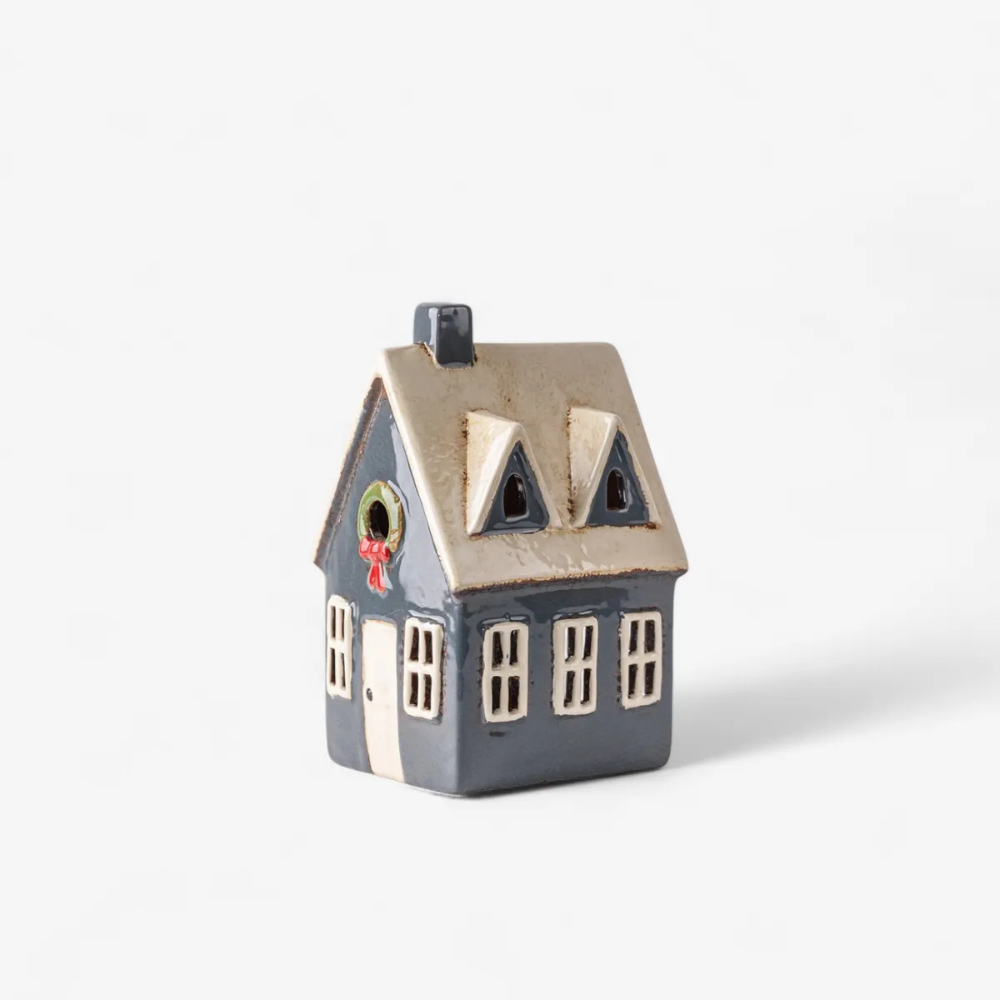 French Country Collection Alsace Tea Light Cottage Navy With Wreath | Merchants Homewares